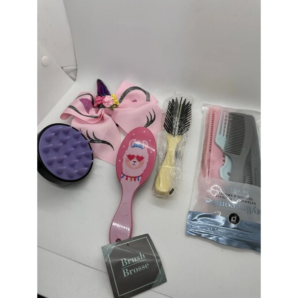 Girls Hair Brush Set Unicorn‎ Bow Scalp Massager Styling Combs Detangler Lot